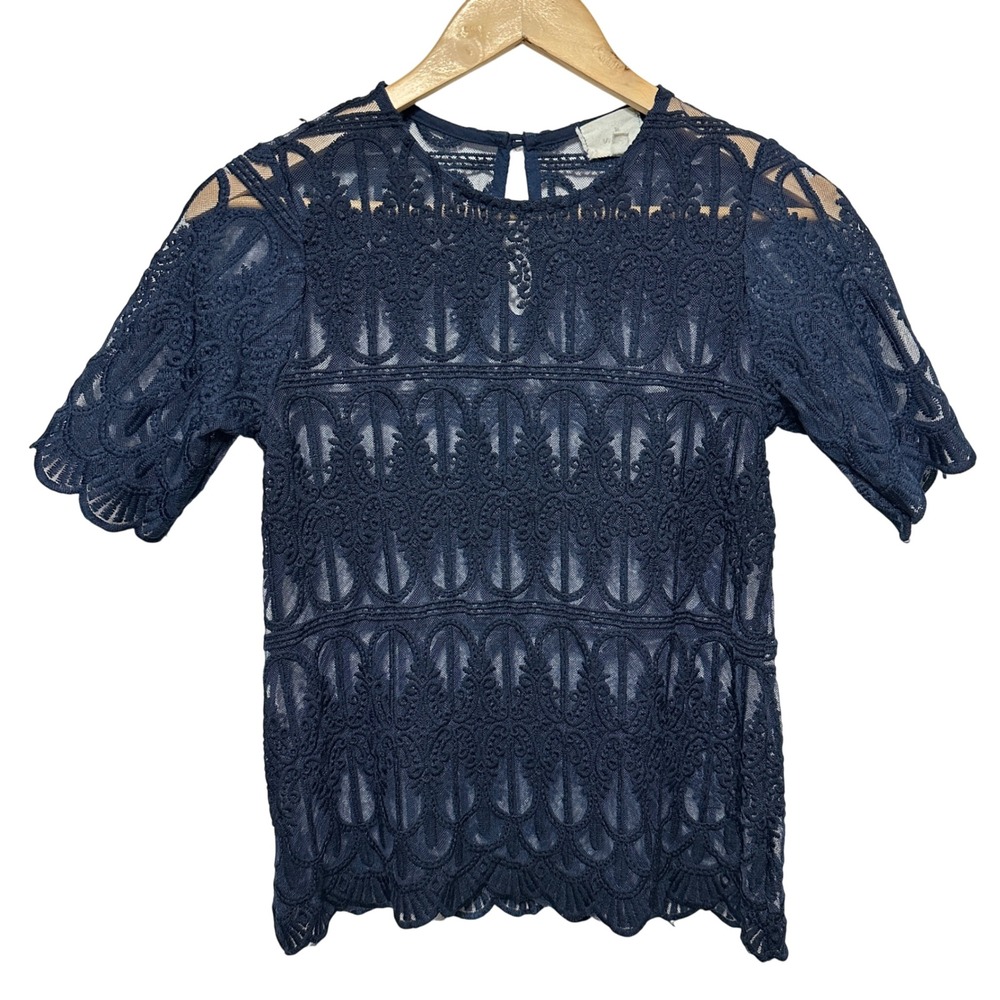 Anthropologie En Elle Sheer Lace Top Womens 2 Navy Blue Short Sleeve Blouse Chic